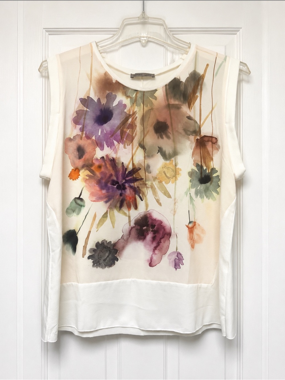 Zara White Sleeveless Floral Watercolor Shell Top